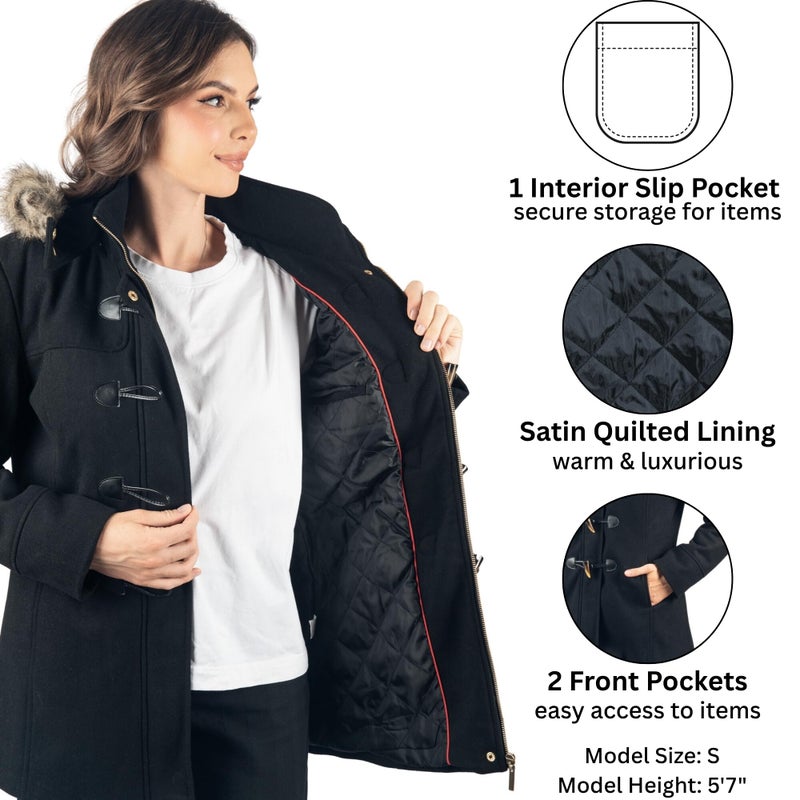 Alpine Swiss Duffy Womens Wool Blend Toggle Coat Removable Faux Fur Hood Classic Duffle Overcoat Warm Winter Jacket BLK L - Image 4